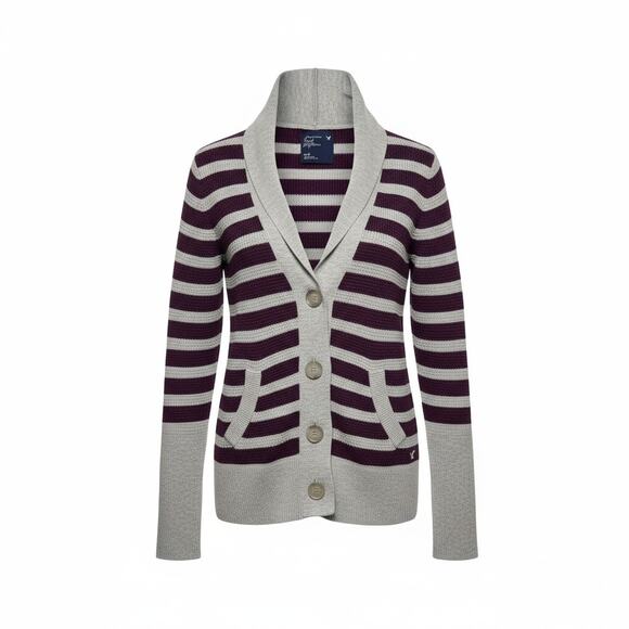 Y2k American Eagle Striped Gray/Purple Shawl Collar Cardigan Sweater Size M - Picture 2 of 11